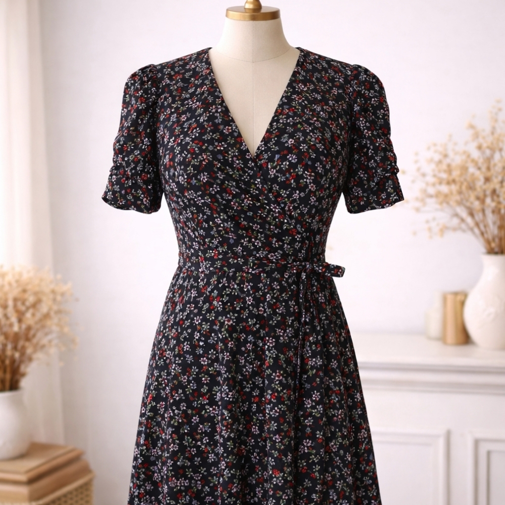 Highline Collective Black Floral Wrap Dress with Red and White Accents